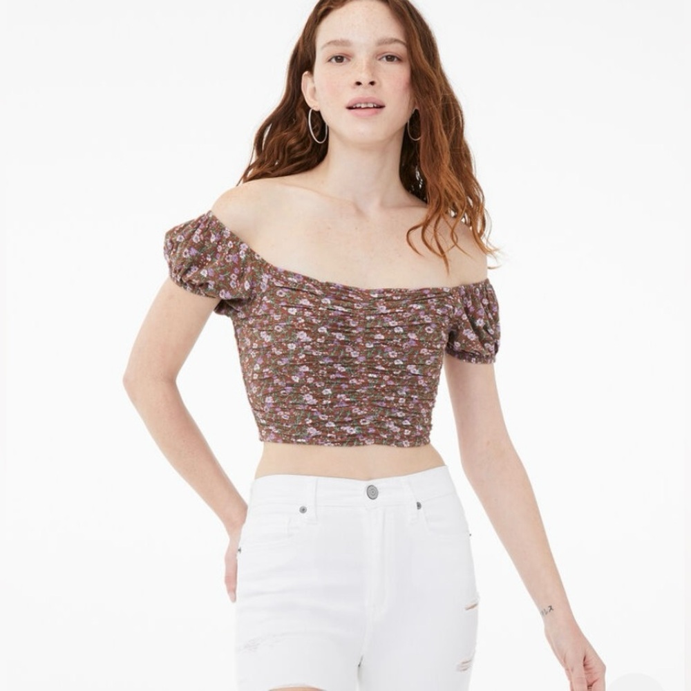 Aeropostale Floral Off-Shoulder Crop Top Brown/Purple Medium EUC